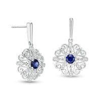 4.0mm Lab-Created Blue Sapphire and 0.05 CT. T.W. Diamond Filigree Scroll Frame Drop Earrings in Sterling Silver