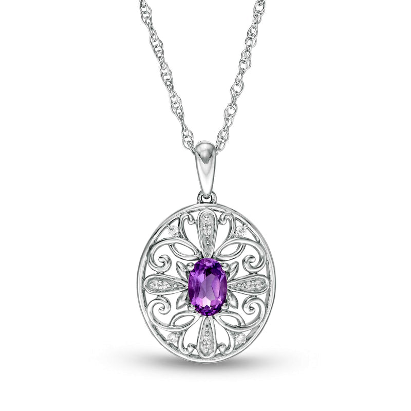 Amethyst and 0.05 CT. T.W. Natural Diamond Filigree Cross Oval Pendant in Sterling Silver