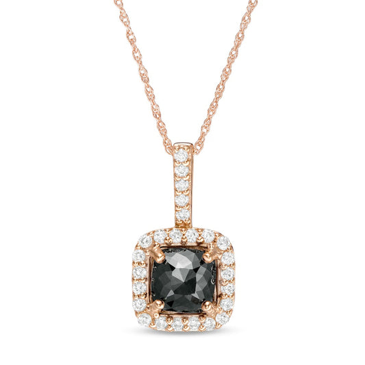 2.38 CT. T.W. Enhanced Black and White Cushion-Cut Natural Diamond Frame Drop Pendant in 14K Rose Gold