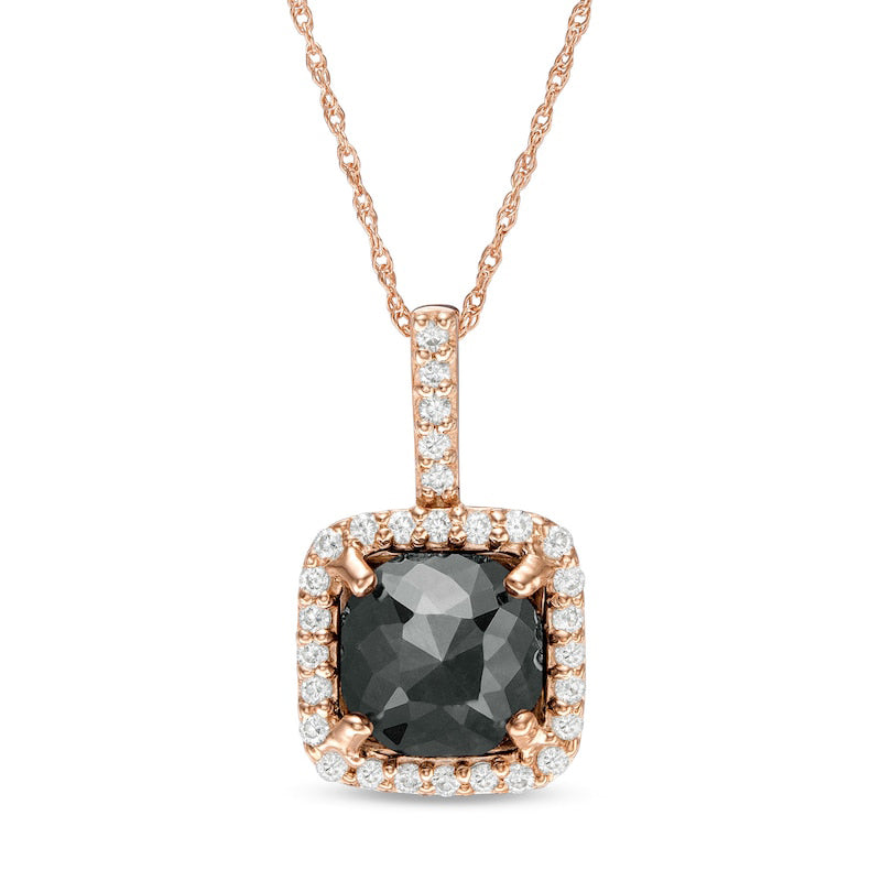 3.88 CT. T.W. Enhanced Black and White Cushion-Cut Natural Diamond Frame Drop Pendant in 14K Rose Gold