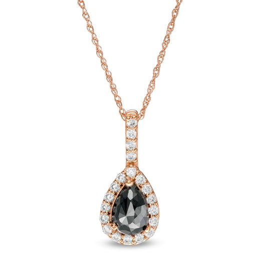 0.75 CT. T.W. Enhanced Black and White Pear-Shaped Natural Diamond Frame Drop Pendant in 14K Rose Gold