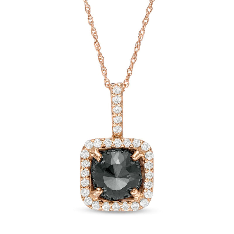 2.63 CT. T.W. Enhanced Black and White Cushion-Cut Natural Diamond Frame Drop Pendant in 14K Rose Gold