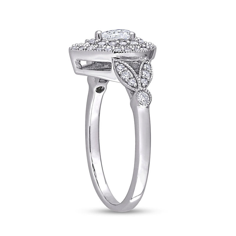 0.50 CT. T.W. Pear-Shaped Natural Diamond Double Frame Leaf-Sides Antique Vintage-Style Engagement Ring in Solid 10K White Gold