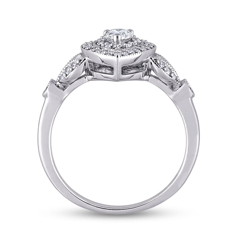 0.50 CT. T.W. Pear-Shaped Natural Diamond Double Frame Leaf-Sides Antique Vintage-Style Engagement Ring in Solid 10K White Gold