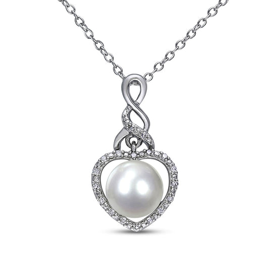 Button Cultured Freshwater Pearl and 0.07 CT. T.W. Natural Diamond Heart Frame Cascading Twist Drop Pendant in Sterling Silver