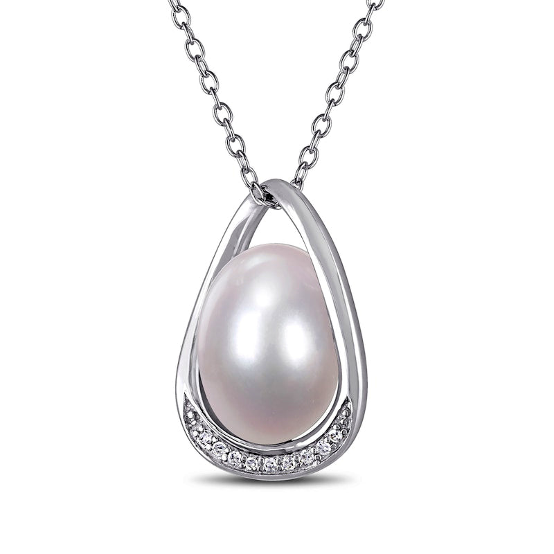 9.5-10.0mm Baroque Cultured Freshwater Pearl and Natural Diamond Accent Teardrop Frame Pendant in Sterling Silver