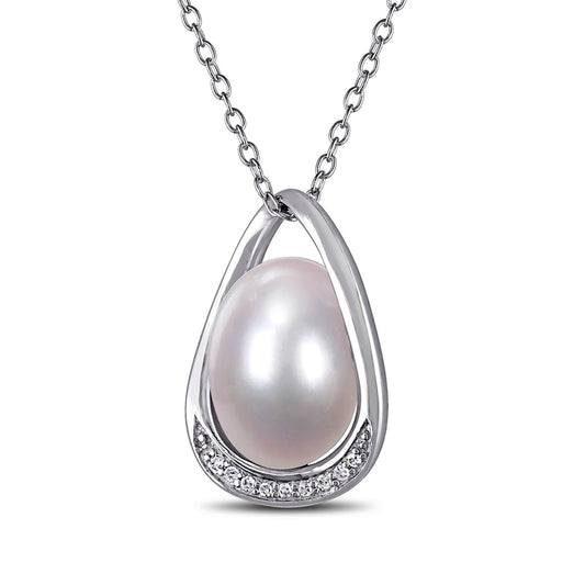 9.5-10.0mm Baroque Cultured Freshwater Pearl and Natural Diamond Accent Teardrop Frame Pendant in Sterling Silver