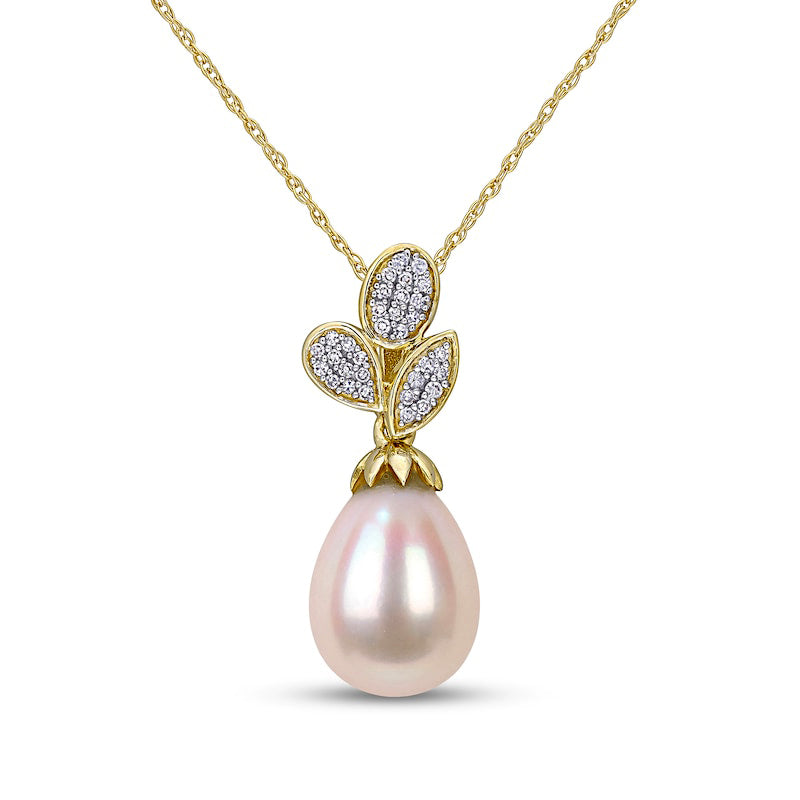 9.0-9.5mm Baroque Cultured Freshwater Pearl and 0.1 CT. T.W. Natural Diamond Leaf Drop Pendant in 10K Yellow Gold - 17"