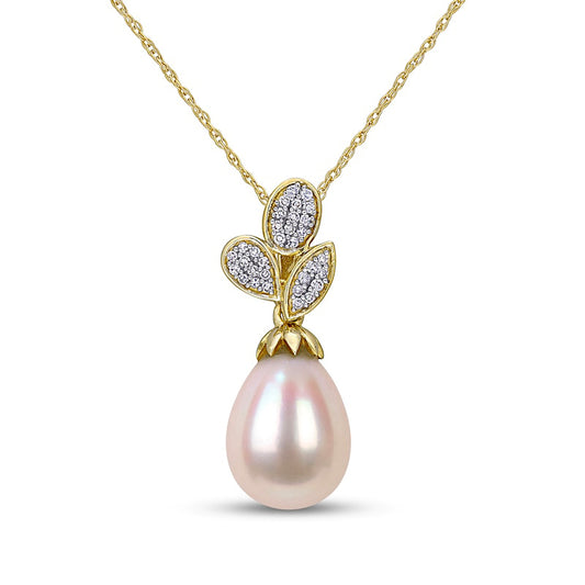 9.0-9.5mm Baroque Cultured Freshwater Pearl and 0.1 CT. T.W. Natural Diamond Leaf Drop Pendant in 10K Yellow Gold - 17"