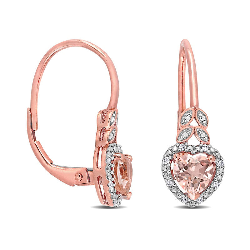 5.0mm Heart-Shaped Morganite and 0.05 CT. T.W. Diamond Bead Frame Leaf Drop Earrings in 10K Rose Gold