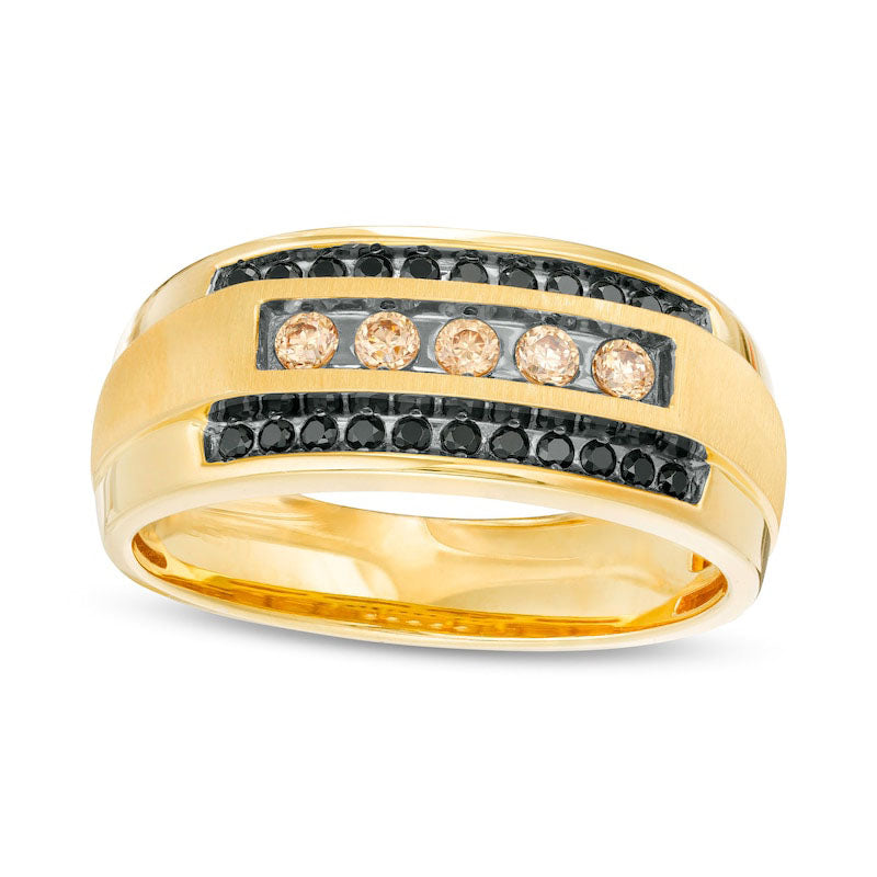 Men's 0.50 CT. T.W. Black Enhanced and Champagne Natural Diamond Triple Row Ring in Solid 10K Yellow Gold