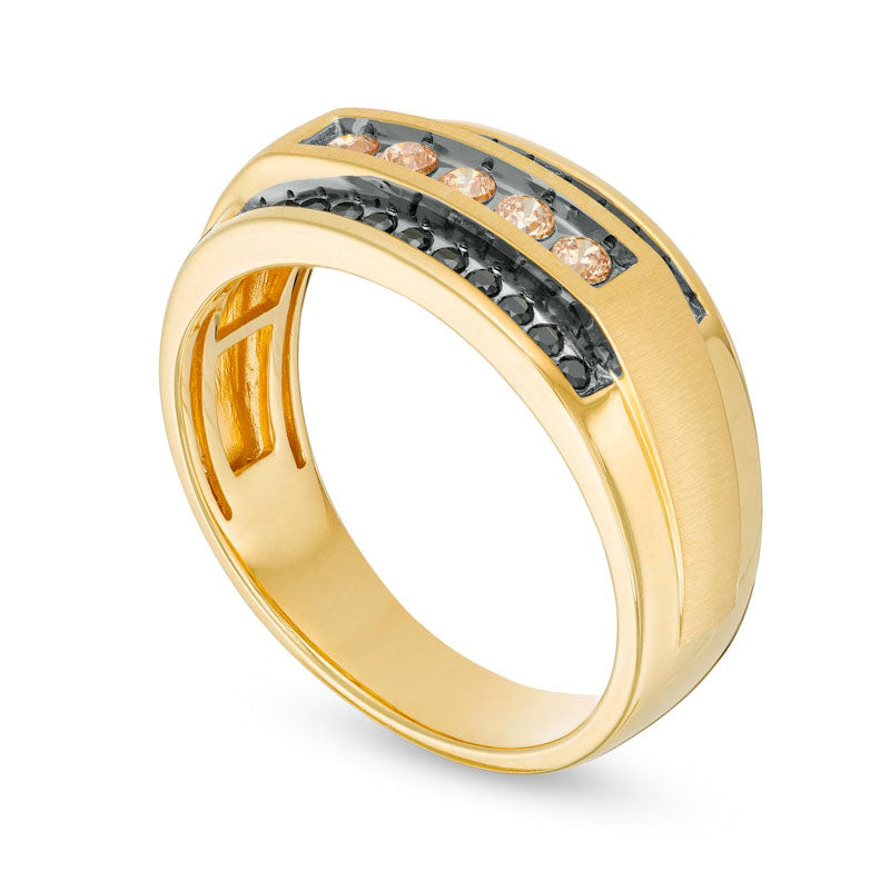 Men's 0.50 CT. T.W. Black Enhanced and Champagne Natural Diamond Triple Row Ring in Solid 10K Yellow Gold