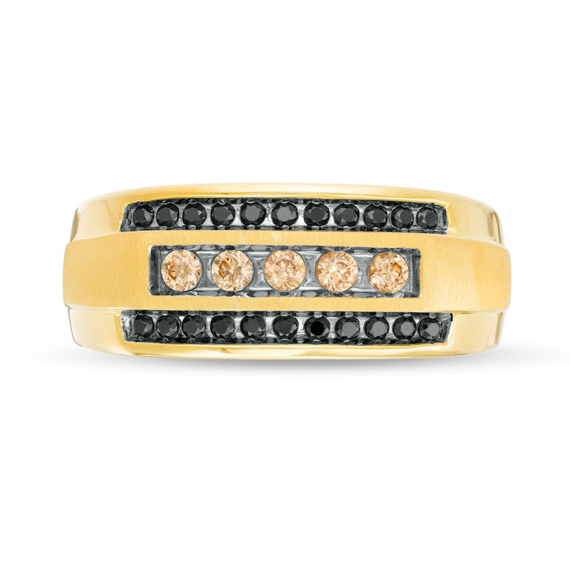 Men's 0.50 CT. T.W. Black Enhanced and Champagne Natural Diamond Triple Row Ring in Solid 10K Yellow Gold