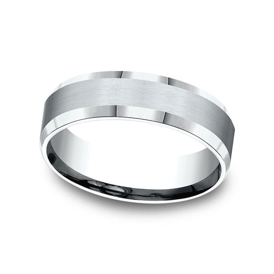 Men's 6.0mm Satin Finish Beveled Edge Comfort-Fit Wedding Band in Solid 10K White Gold