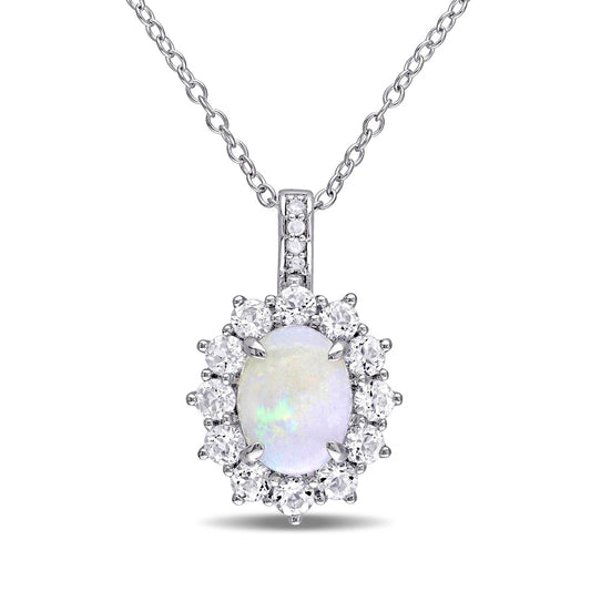 Oval Opal, White Topaz and Natural Diamond Accent Starburst Frame Drop Pendant in Sterling Silver