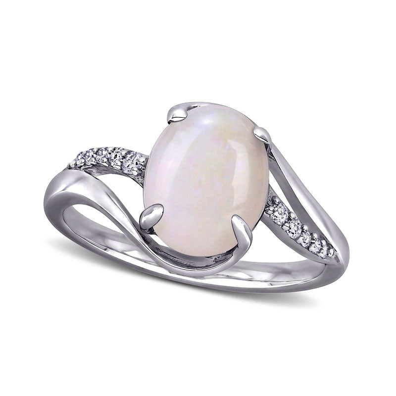 Oval Opal and 0.07 CT. T.W. Natural Diamond Bypass Split Shank Ring in Sterling Silver