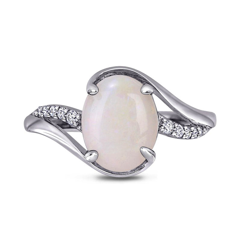 Oval Opal and 0.07 CT. T.W. Natural Diamond Bypass Split Shank Ring in Sterling Silver