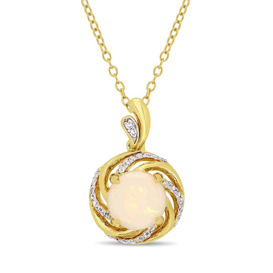 8.0mm Opal, White Topaz and Natural Diamond Accent Swirl Frame Drop Pendant in Sterling Silver with Yellow Rhodium