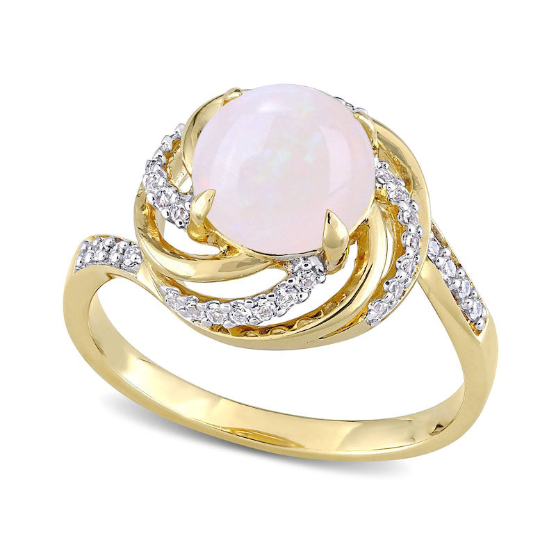 8.0mm Opal, White Topaz and 0.05 CT. T.W. Natural Diamond Swirl Frame Bypass Ring in Sterling Silver with Yellow Rhodium