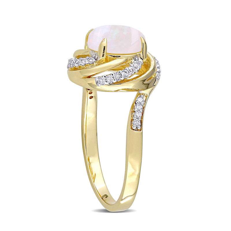 8.0mm Opal, White Topaz and 0.05 CT. T.W. Natural Diamond Swirl Frame Bypass Ring in Sterling Silver with Yellow Rhodium