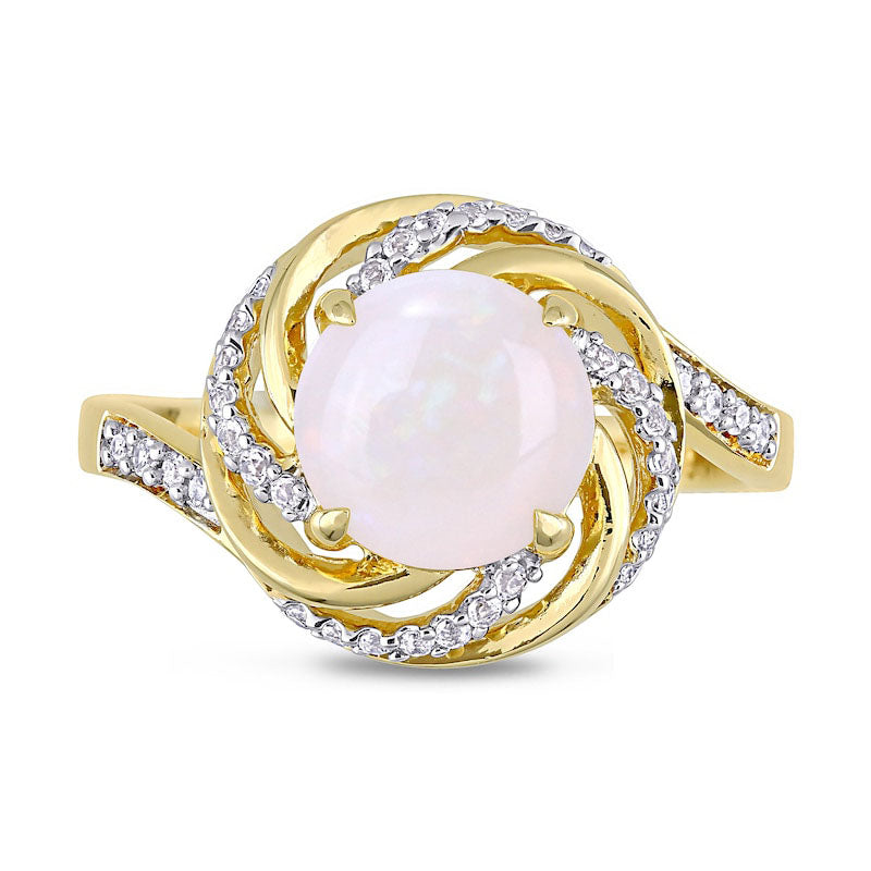 8.0mm Opal, White Topaz and 0.05 CT. T.W. Natural Diamond Swirl Frame Bypass Ring in Sterling Silver with Yellow Rhodium