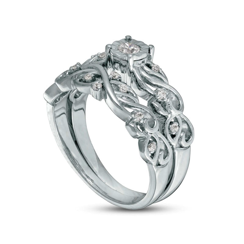 0.33 CT. T.W. Natural Diamond Open Filigree Bridal Engagement Ring Set in Solid 10K White Gold