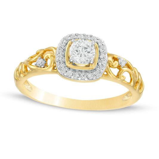 0.38 CT. T.W. Natural Diamond Cushion Frame Filigree Shank Engagement Ring in Solid 10K Yellow Gold