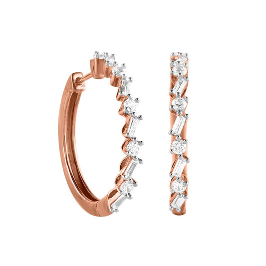 1 CT. T.W. Baguette and Round Diamond Alternating Hoop Earrings in 10K Rose Gold