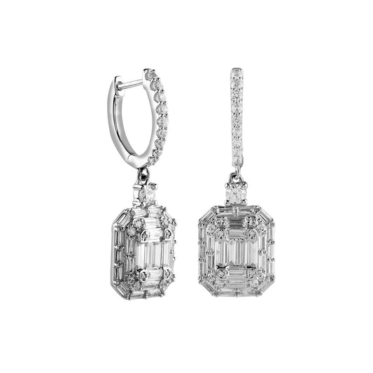 2 CT. T.W. Baguette Composite Diamond Octagonal Frame Drop Earrings in 10K White Gold