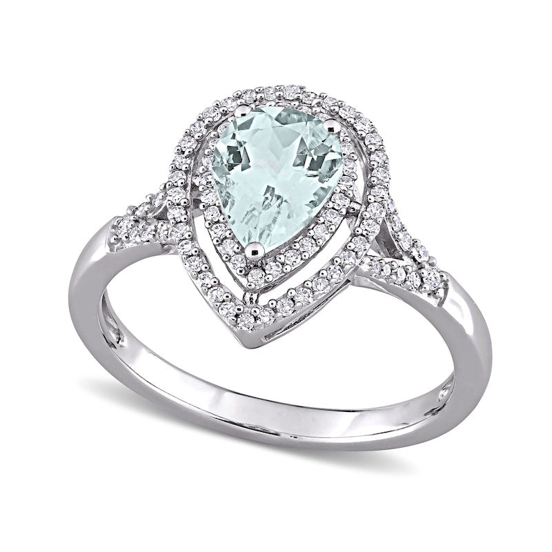 Pear-Shaped Aquamarine and 0.25 CT. T.W. Natural Diamond Open Double Frame Split Shank Ring in Solid 14K White Gold