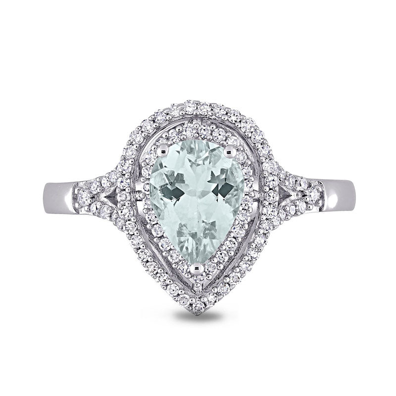 Pear-Shaped Aquamarine and 0.25 CT. T.W. Natural Diamond Open Double Frame Split Shank Ring in Solid 14K White Gold