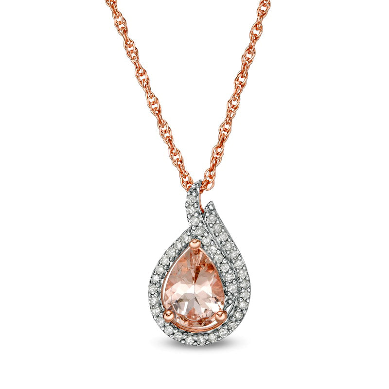 Pear-Shaped Morganite and 0.17 CT. T.W. Natural Diamond Double Frame Drop Pendant in 10K Rose Gold