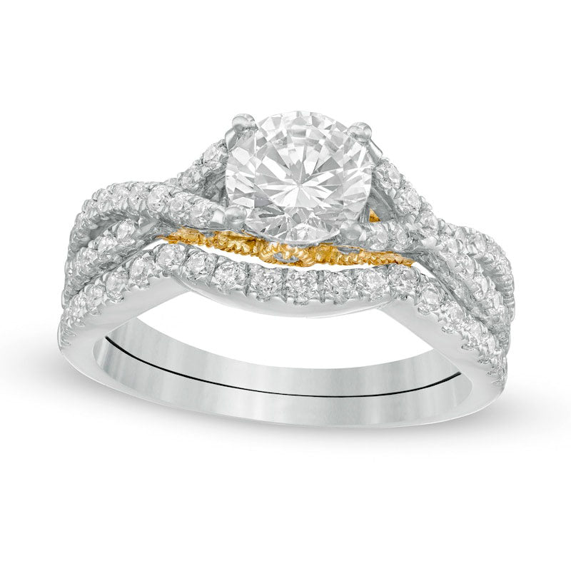 1.75 CT. T.W. Natural Diamond Criss-Cross Split Shank Bridal Engagement Ring Set in Solid 10K Two-Tone Gold