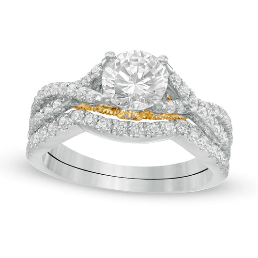 1.75 CT. T.W. Natural Diamond Criss-Cross Split Shank Bridal Engagement Ring Set in Solid 10K Two-Tone Gold