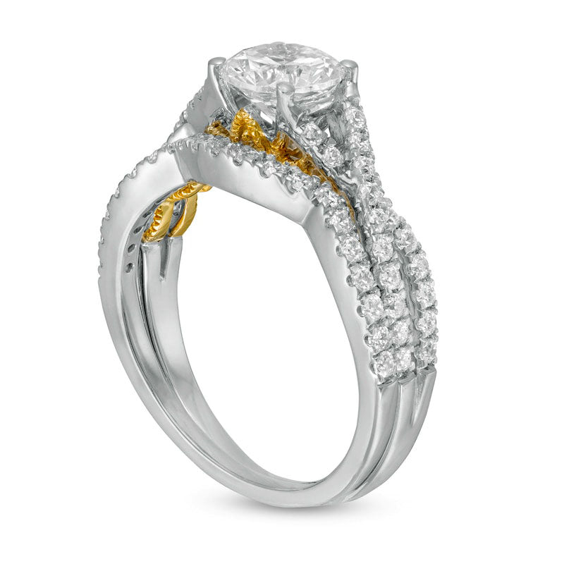 1.75 CT. T.W. Natural Diamond Criss-Cross Split Shank Bridal Engagement Ring Set in Solid 10K Two-Tone Gold