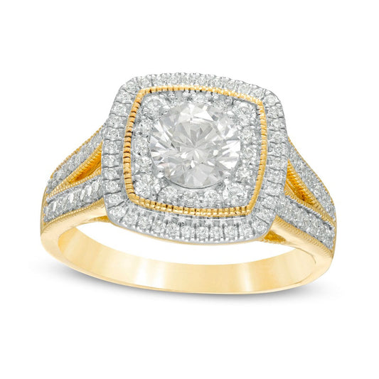 1.33 CT. T.W. Natural Diamond Cushion Frame Split Shank Antique Vintage-Style Engagement Ring in Solid 10K Yellow Gold