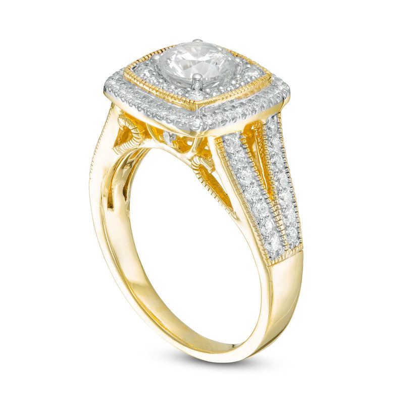 1.33 CT. T.W. Natural Diamond Cushion Frame Split Shank Antique Vintage-Style Engagement Ring in Solid 10K Yellow Gold