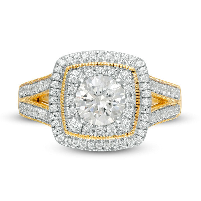 1.33 CT. T.W. Natural Diamond Cushion Frame Split Shank Antique Vintage-Style Engagement Ring in Solid 10K Yellow Gold