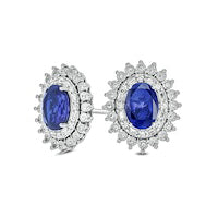 Oval Lab-Created Blue Sapphire and 0.2 CT. T.W. Diamond Starburst Double Frame Stud Earrings in Sterling Silver