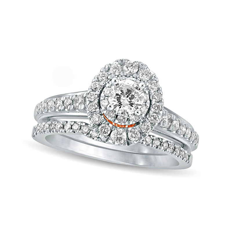 1.0 CT. T.W. Natural Diamond Oval Frame Bridal Engagement Ring Set in Solid 10K Two-Tone Gold