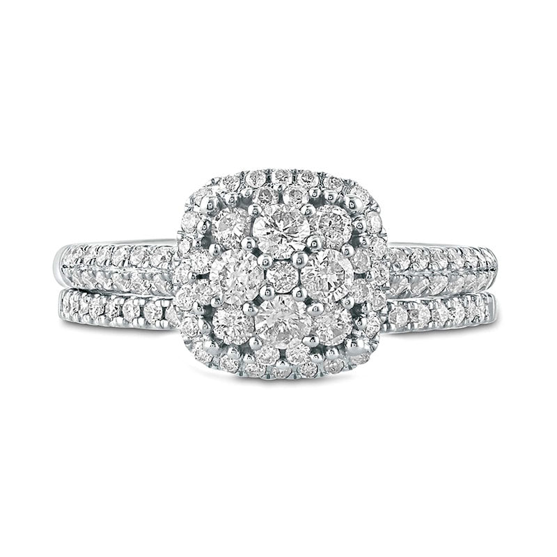 1.0 CT. T.W. Composite Natural Diamond Cushion Frame Bridal Engagement Ring Set in Solid 10K White Gold