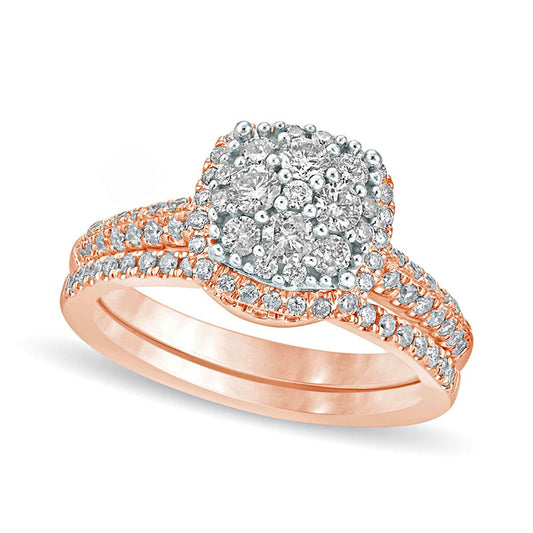 1.0 CT. T.W. Composite Natural Diamond Cushion Frame Bridal Engagement Ring Set in Solid 10K Rose Gold