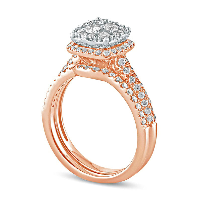 1.0 CT. T.W. Composite Natural Diamond Cushion Frame Bridal Engagement Ring Set in Solid 10K Rose Gold