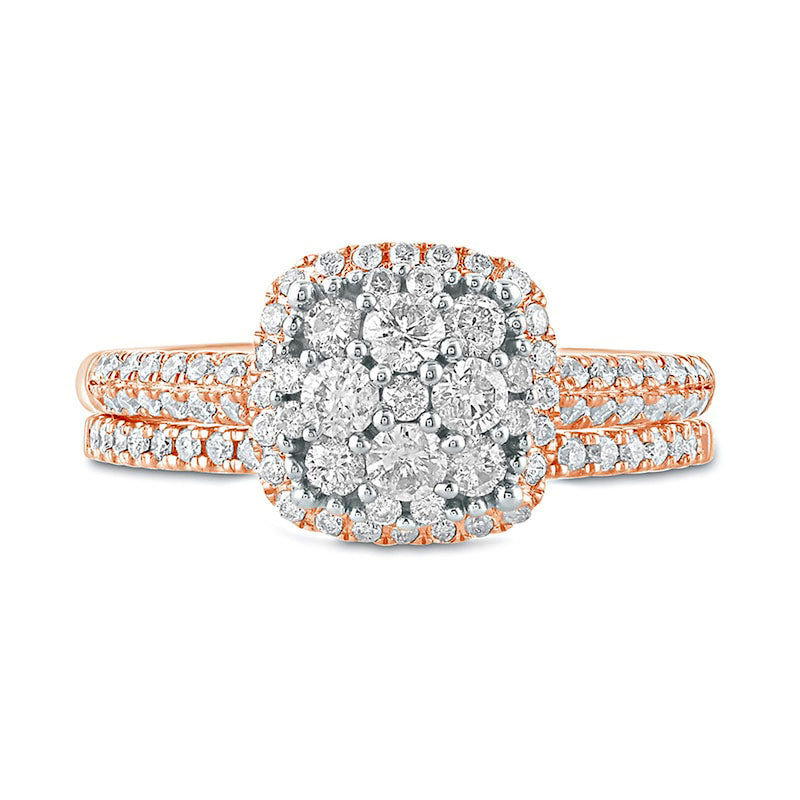 1.0 CT. T.W. Composite Natural Diamond Cushion Frame Bridal Engagement Ring Set in Solid 10K Rose Gold