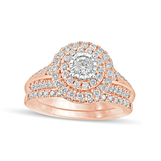 1.0 CT. T.W. Natural Diamond Double Frame Bridal Engagement Ring Set in Solid 10K Rose Gold