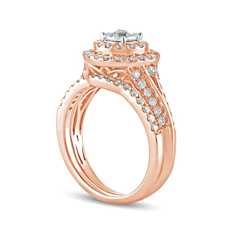 1.0 CT. T.W. Natural Diamond Double Frame Bridal Engagement Ring Set in Solid 10K Rose Gold