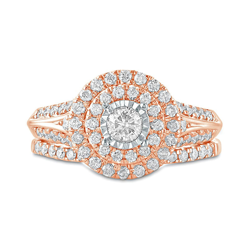 1.0 CT. T.W. Natural Diamond Double Frame Bridal Engagement Ring Set in Solid 10K Rose Gold