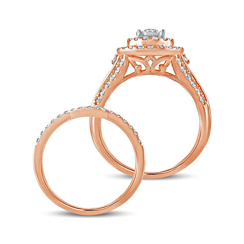 1.0 CT. T.W. Natural Diamond Double Frame Bridal Engagement Ring Set in Solid 10K Rose Gold