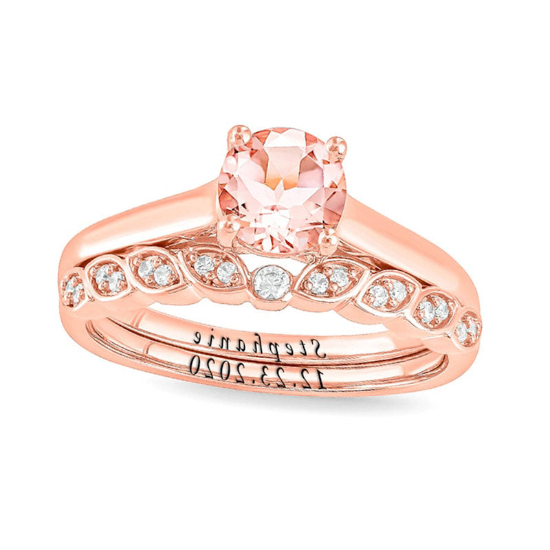 6.0mm Morganite and 0.10 CT. T.W. Natural Diamond Marquise Leaf Shank Engravable Bridal Engagement Ring Set in Solid 10K Rose Gold (2 Lines)