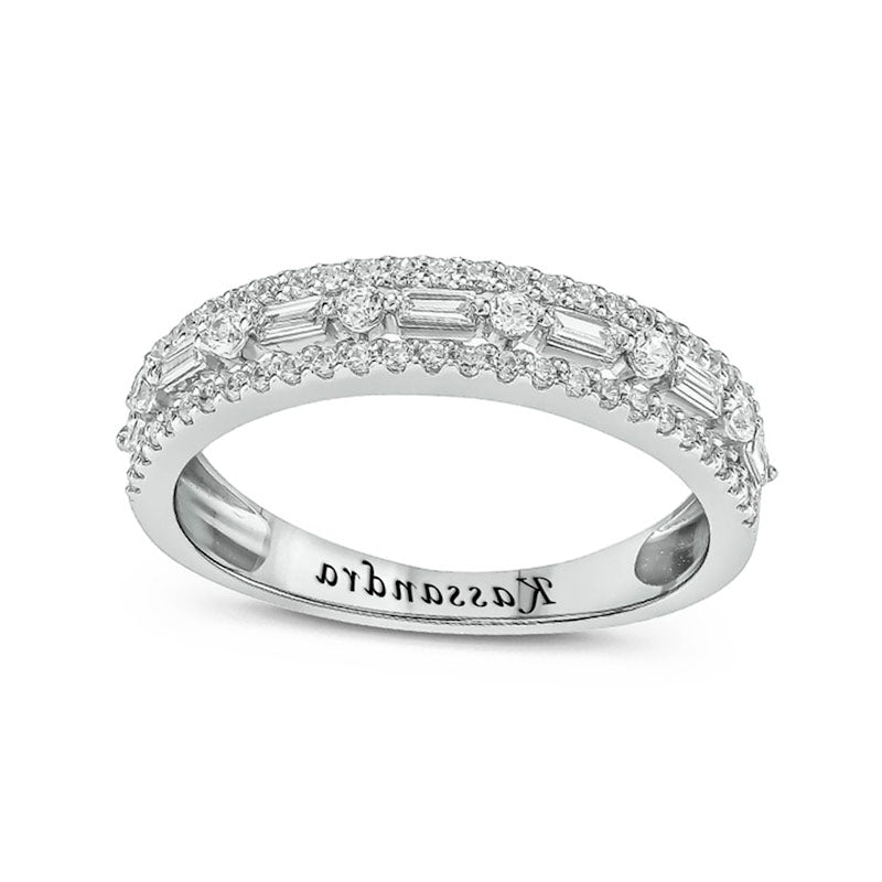 0.50 CT. T.W. Baguette and Round Natural Diamond Border Alternating Engravable Anniversary Band in Solid 10K White Gold (1 Line)